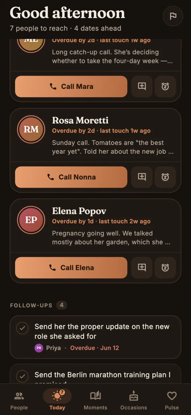 Foster Today tab showing daily reach-out suggestions, follow-ups and upcoming occasions