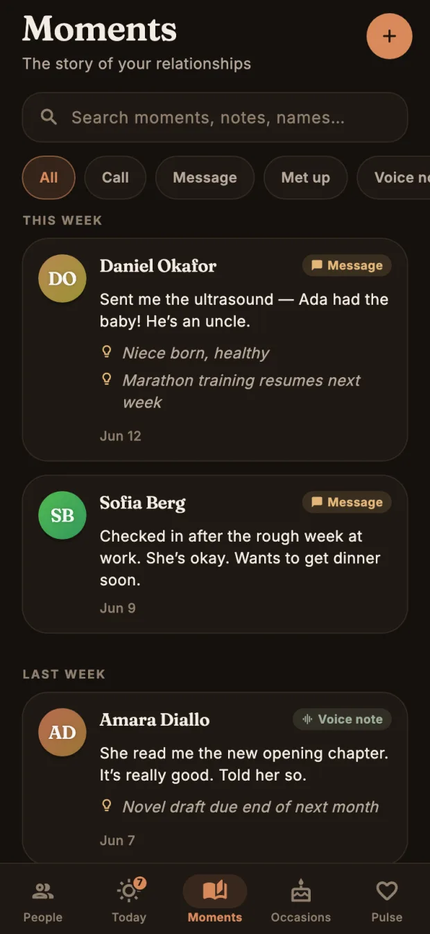 Foster Moments timeline showing logged interactions and memories across all relationships