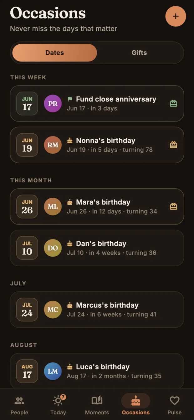 Foster Occasions tab showing upcoming birthdays and a gift idea board